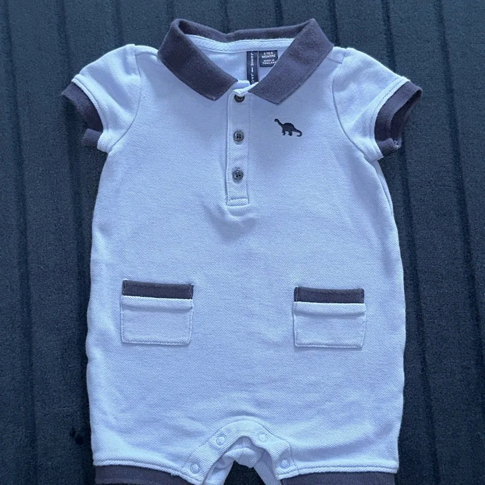 Janie and Jack Light Blue Polo romper with Dinosaur Embroidery 3 to 6 month